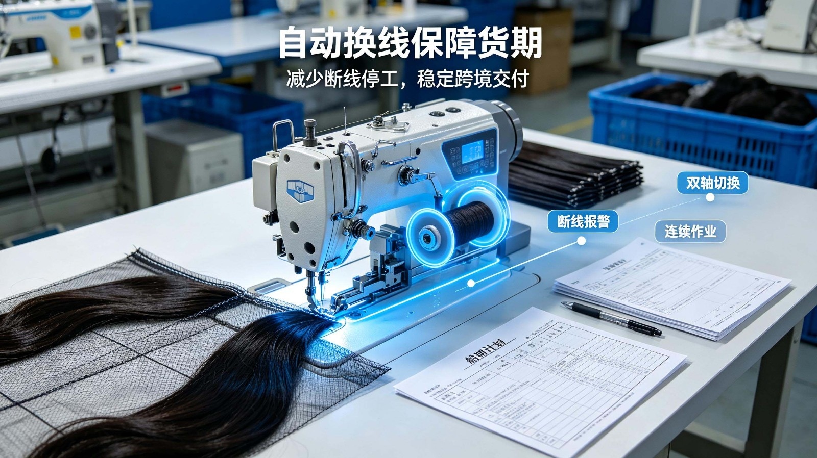 假发发帘车缝断线停工，自动换线机保障跨境货...